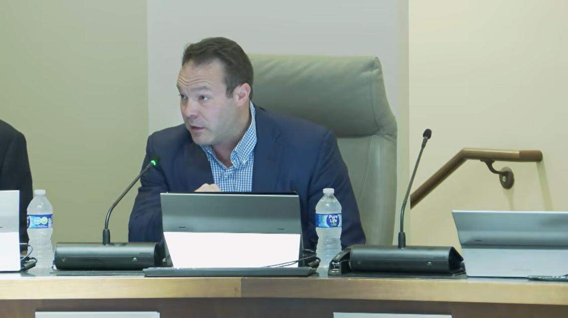 Columbus Councilor Walker Garrett of District 8 speaks during an April 14, 2026, Columbus Council meeting as the Columbus Botanical Garden requests a refund for a property tax payment made after the nonprofit failed to file an exemption on donated land.