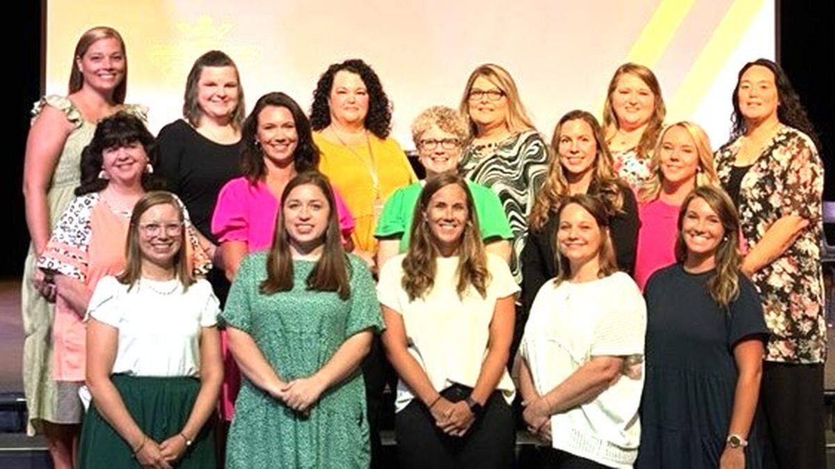 The Harris County School District 2024 Support Person and Teacher of the Year nominees are: front row, from left, Heather Westad (Park Elementary School), Gina Williams (Harris County Carver Middle School), Mallory Osbon (Mulberry Creek Elementary School), Allison McDaniel (Mulberry Creek Elementary School) and Mandi Smith (Harris County High School); middle row, from left, Heather Coppedge (Park Elementary School), Amber Bradshaw (New Mountain Hill Elementary School), Valerie Longshore-Sargent (Harris County High School), Alesha Erickson (Education Opportunities Center) and Lauren Davenport (New Mountain Hill Elementary School); back row, from left, Jessica Grubbs (Creekside Intermediate School), Leslie Kinard (Creekside Intermediate School), Kristi Nelson (Harris County Carver Middle School), Tracy Munoz (Central Office), Abbie Hudson (Pine Ridge Elementary School) and Julia Higgs (Pine Ridge Elementary School).