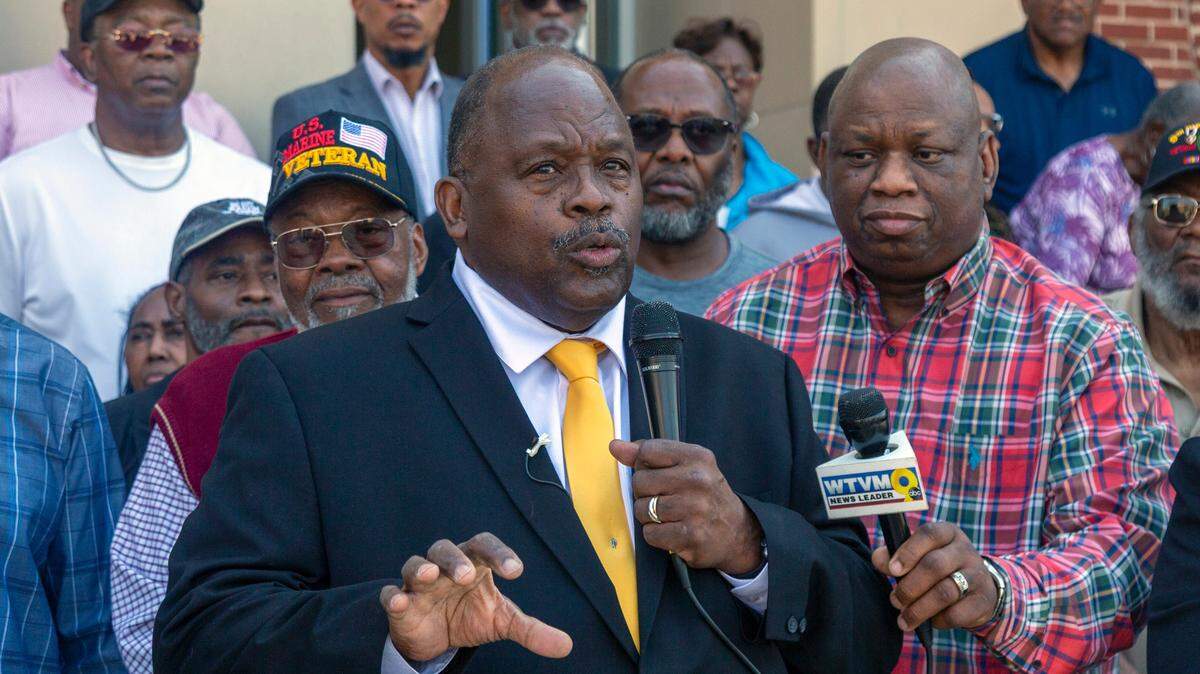 Edward DuBose, a national NAACP board member and Georgia state administrator for the organization, speaks during a March 12, 2025, news conference at the City Services Center in Columbus.