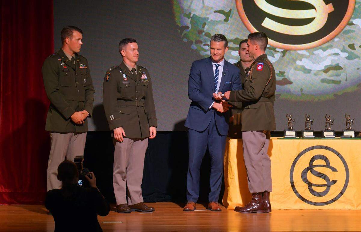 U.S. Secretary of Defense Pete Hegseth visited several areas at Fort Benning, Georgia, on Sept. 4, 2025, including a graduation ceremony for Officer Candidate School.