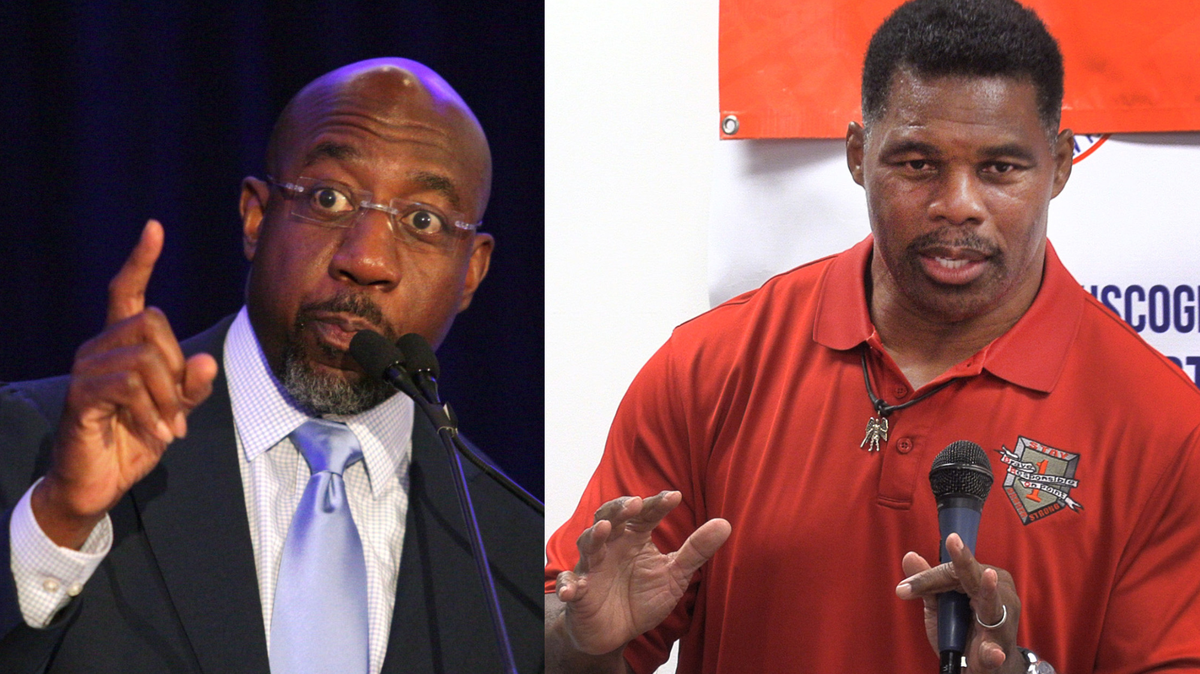 A graphic featuring pictures of Raphael Warnock, left, and Herschel Walker, right. Both men are running for U.S. Senate in Georgia. Early voting begins Oct. 17, 2022.