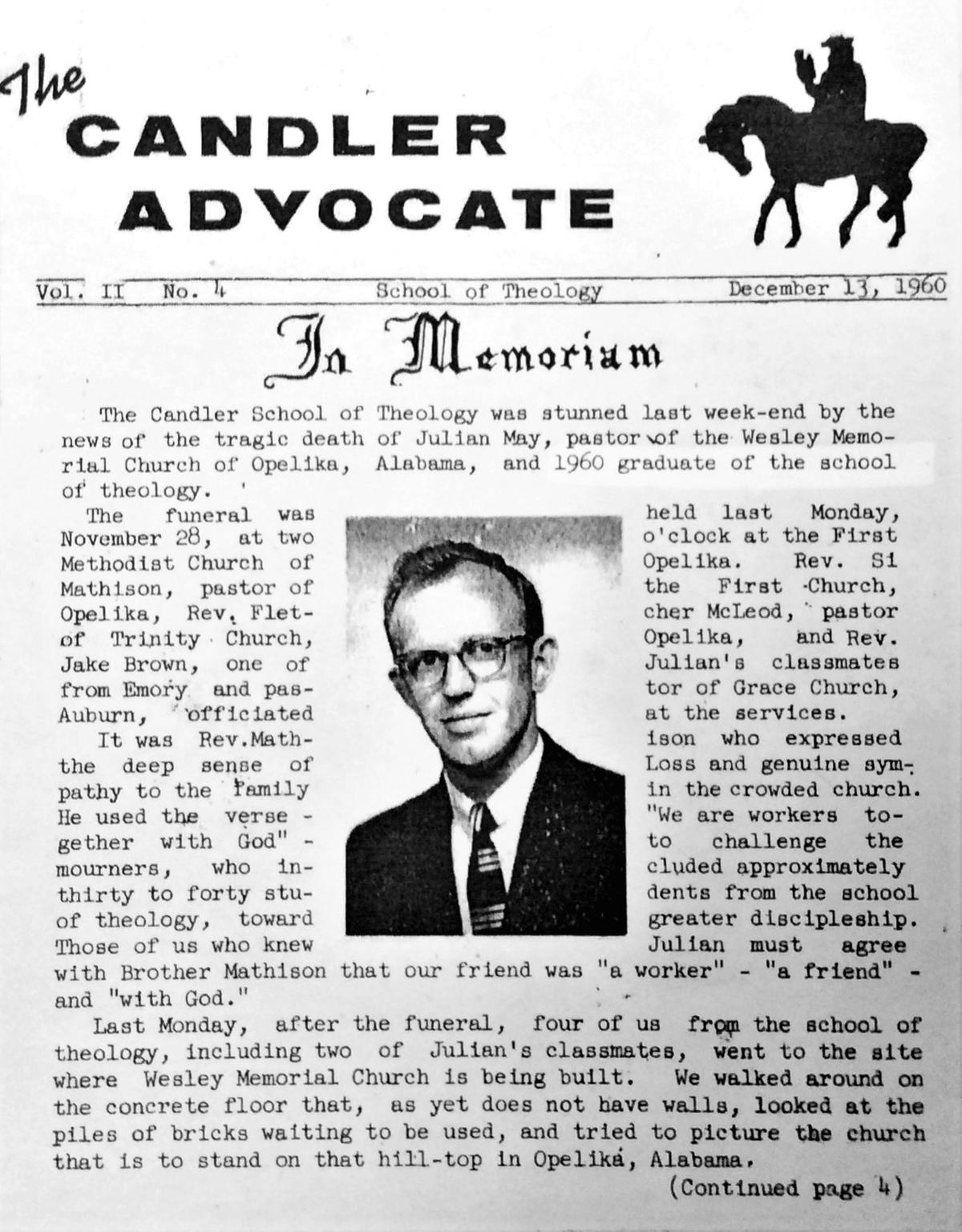 A Dec. 13, 1960, tribute to May was in “The Candler Advocate,” the newsletter for Emory University’s school of theology.