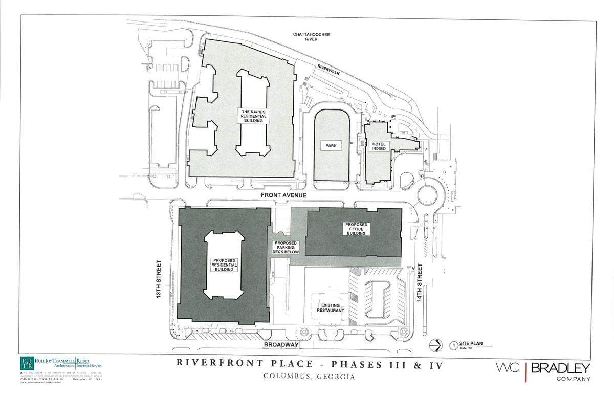 This site plan shows an overview for W.C. Bradley’s Riverfront Place development, and proposal for phases three and four of the development.