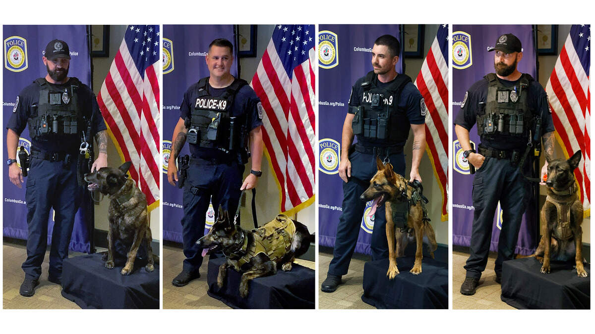 The Columbus Police Department swore in its newest four-legged officers Aug. 25, 2025, in what CPD calls the largest K-9 unit the department has had. The dogs are Redd (8-year-old Dutch Shepherd), Havoc (2-year-old German Shepherd), Colt (2-year-old Belgian Malinois) and Neytiri (8-year-old Belgian Malinois).