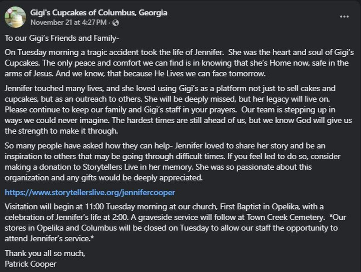 Jennifer Cooper, owner of Gigi’s Cupcakes, 2511-B Airport Thruway, has died. Her husband Patrick Cooper announced her passing with a Facebook post on November 21. Here’s his full statement.