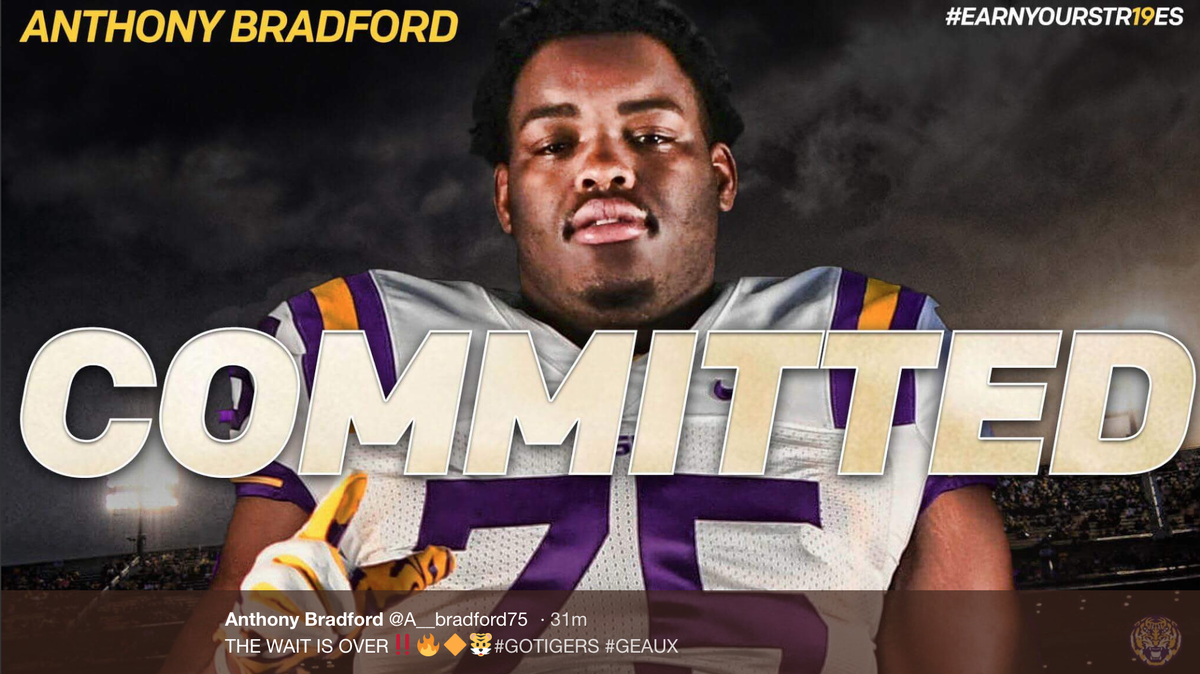LSU added its 10th commit in the Class of 2019 in four-star offensive tackle Anthony Bradford