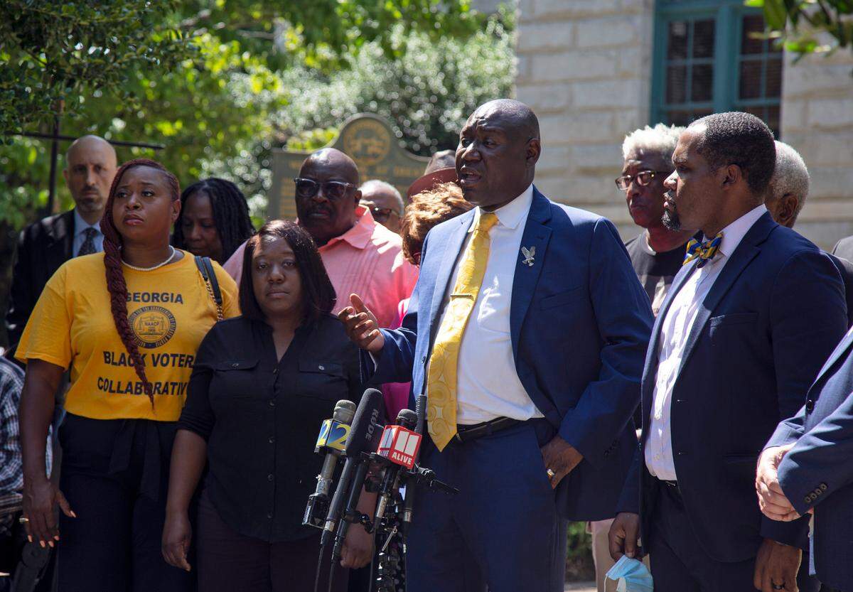 Attorney Ben Crump speaks at a news conference regarding the death of Brianna Grier on Friday, July 29, 2022, in Decatur, Ga. Grier was a 28-year-old Georgia woman who died after she fell from a moving patrol car following her arrest in July. Her family is demanding answers about her death from state and local authorities. (AP Photo/Ron Harris)