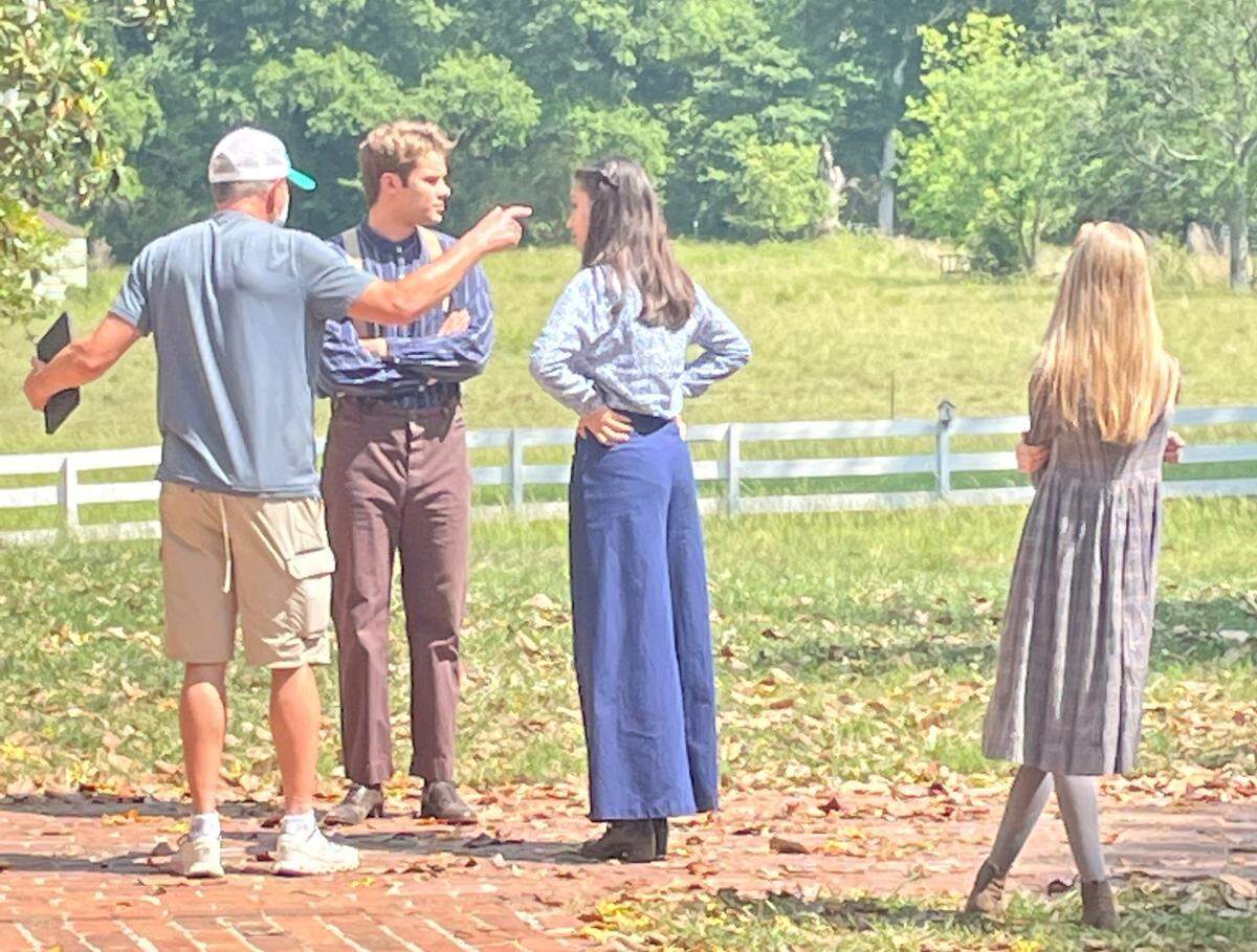 “A Walton’s Thanksgiving” director Joe Lazarov provides notes to Logan Shroyer (John Boy), Vivian Lee-Boulton (Edith) and Tatum Sue Matthews (Erin) during the May 2022 filming in Georgia.