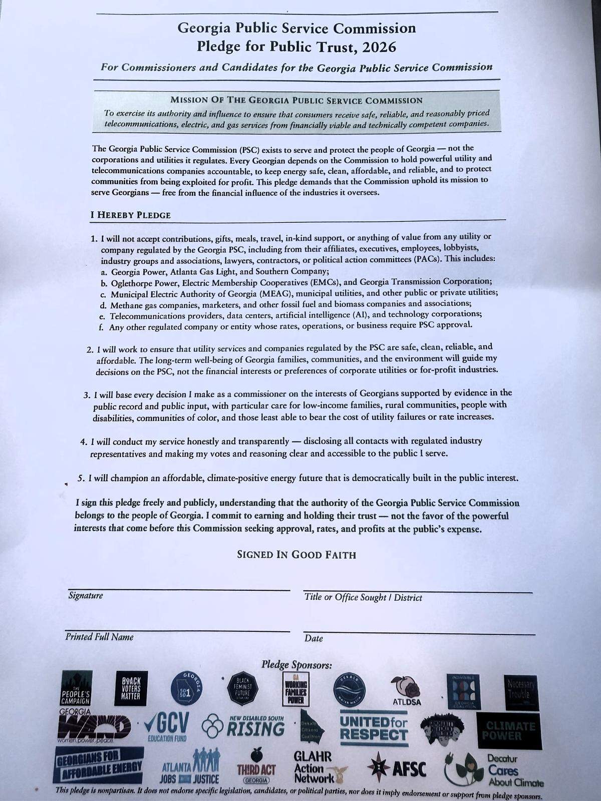 A copy of the Pledge For Public Trust for Commissioners and Candidates for the Georgia Public Service Commission made by Neil Sardana, member of Atlanta People’s Campaign.