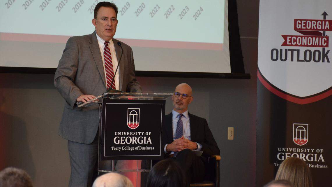 Benjamin C. Ayers, dean of the University of Georgia Terry College of Business, gives the state economic forecast Tuesday afternoon at the 2024 Georgia Economic Outlook at Columbus State University in Columbus, Georgia. 01/23/2024