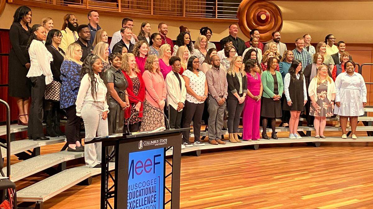 The Muscogee County School District Teacher of the Year nominees, one from each Columbus public school, pose for a group photo after the ceremony the Muscogee Educational Excellence Foundation conducted Jan. 24, 2024, in the RiverCenter for the Performing Arts.