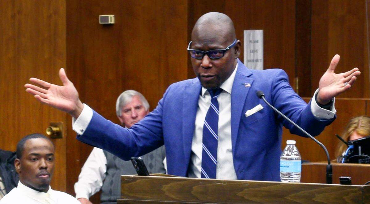 Stacey Jackson makes his closing argument Monday morning on behalf of his client Tommie Jamal Mullins Jr., 28, charged with murder and armed robbery in the 2018 fatal shooting of Branden Denson. 04/04/2022