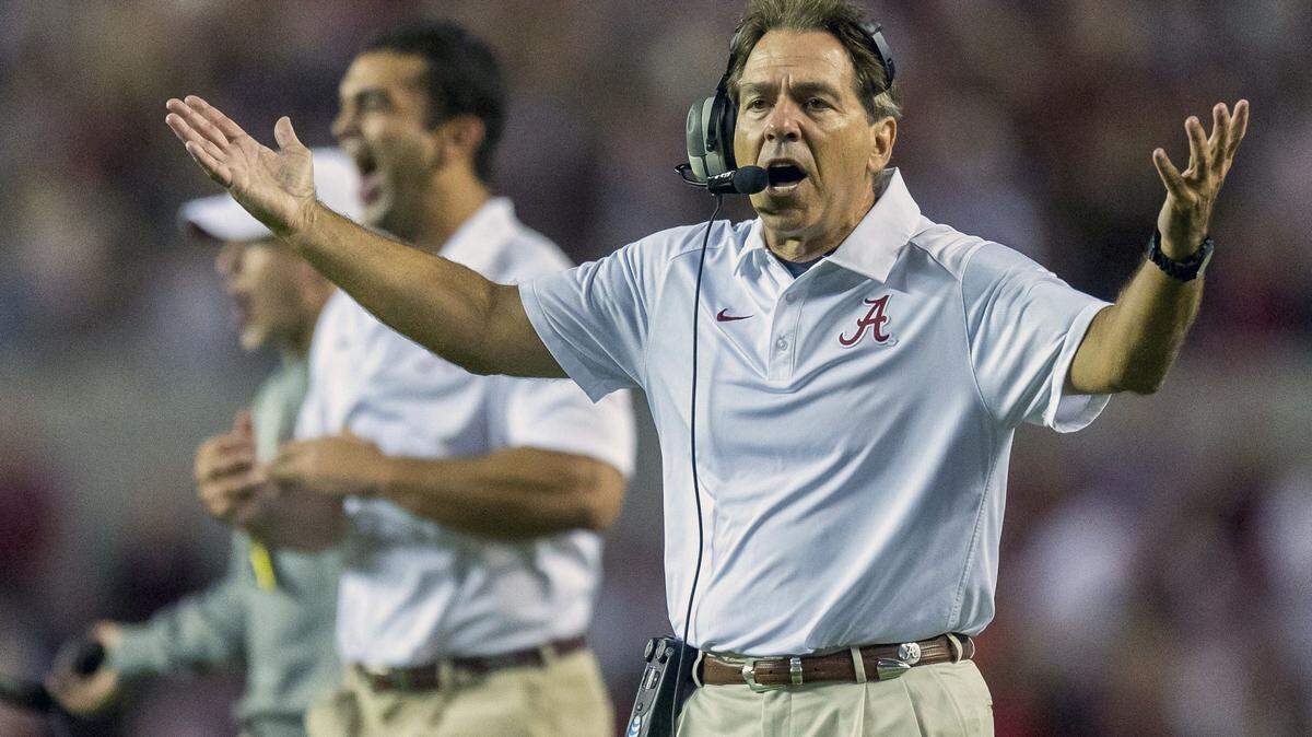 Alabama head coach Nick Saban reacts to a celebration penalty during the second half of an NCAA college football game against Arkansas Saturday, Oct. 10, 2015, in Tuscaloosa, Ala. (Vasha Hunt/AL.com via AP) MAGS OUT; MANDATORY CREDIT