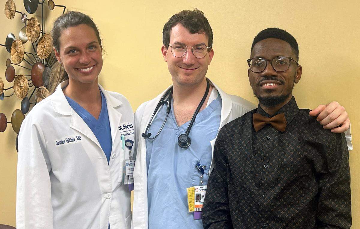 From left, Dr. Jessica Withey (second year), Dr. George Jarrell (second year), and Chief Resident Dr. Abbas Conteh are physician residents at St. Francis-Emory Healthcare’s new Primary Care Continuity Clinic in Columbus. 08/03/2023