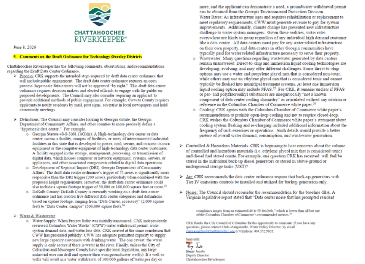 These are Pages 9-10 of the June 8, 2026, letter the Chattahoochee Riverkeeper sent to the Columbus Council regarding the proposed technology overlay zoning ordinance for a hyperscale data center.