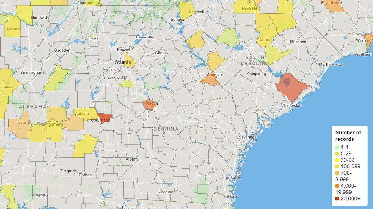 This map from Ancestry, one of the world’s largets genealogy companies, shows the number of records found in different Georgia regions for the company’s project to find newspaper records on enslaved people. More than 22,000 former enslaved people’s names were found in Columbus records, the company says. 