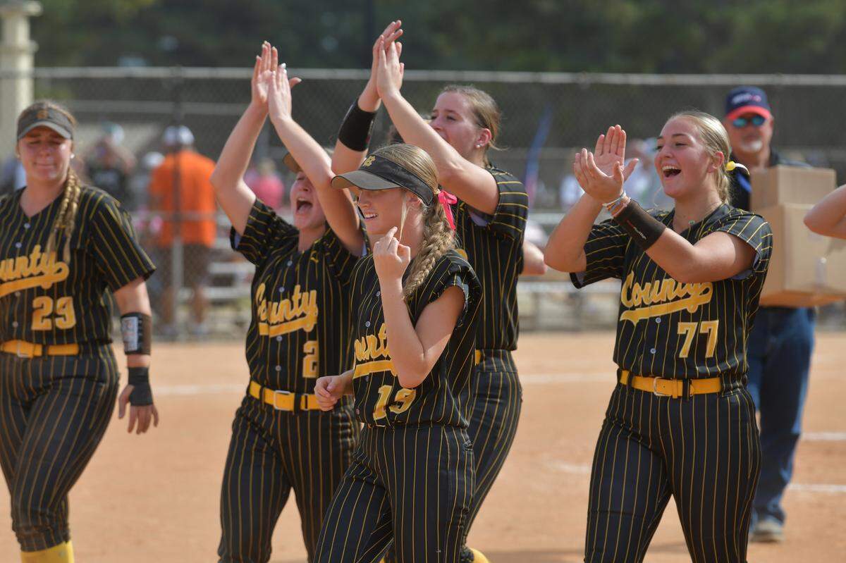 Harris County High School softball players cheers during the 8-0 victory over Eastside-Covington in the Georgia High School Association Class AAAA final round Nov. 2, 2024, at South Commons in Columbus.