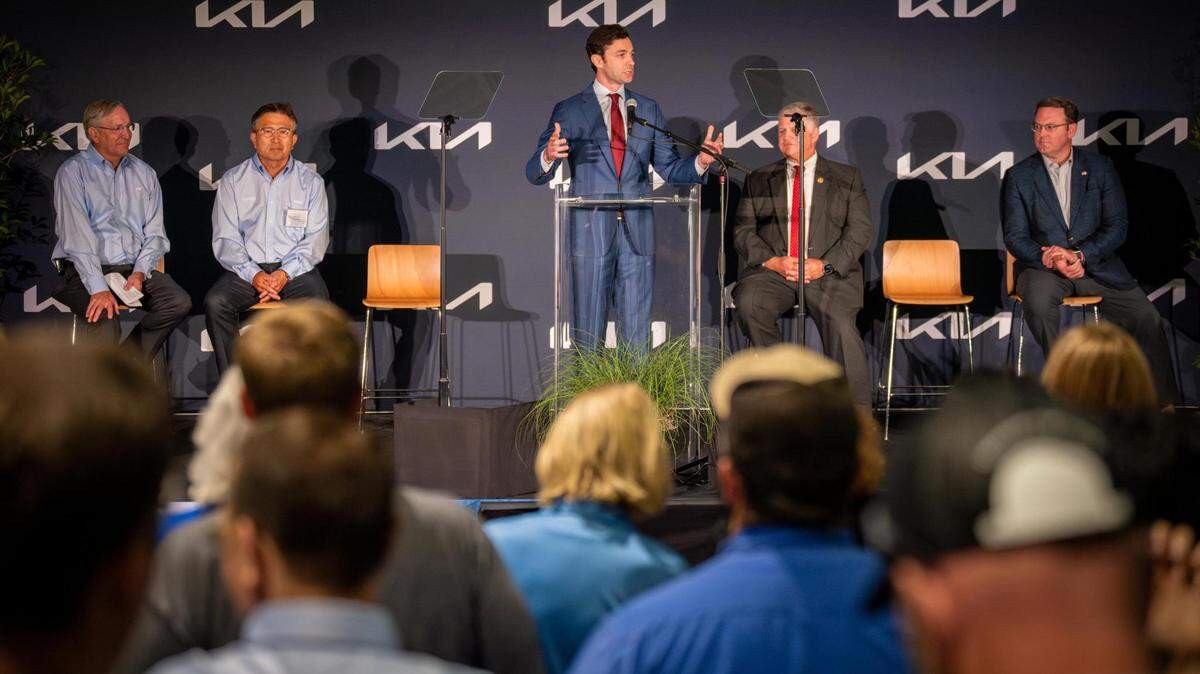U.S. Senator Jon Ossoff celebrated the start of production for KIA’s first American-made electric vehicle at the West Point plant on May 30, 2024. Ossoff endorsed Vice President Kamala Harris for the presidency in the 2024 race.