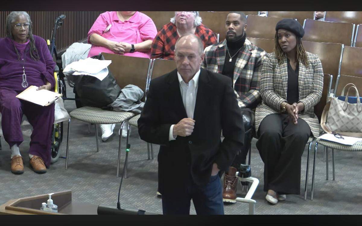 During a hearing at the Dec. 9, 2025, Columbus Council meeting, developer Dave Erickson presents a proposed plan for the Charleston Place neighborhood, asking the council to approve changing zoning conditions for the area to allow for townhomes