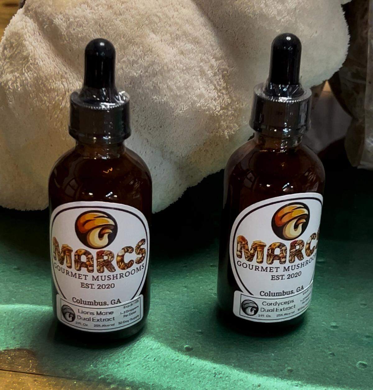 In addition to a variety of mushrooms, Marcus Smith, owner of Marc’s Gourmet Mushrooms in Columbus, also sells lion’s mane and cordyceps tinctures.
