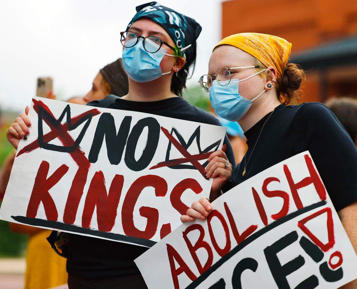 Hundreds of people gathered Saturday morning in the 900 block of Broadway in downtown Columbus, Georgia, for a “No Kings” themed demonstration. The protest was part of a larger series of “No Kings” events around the country.