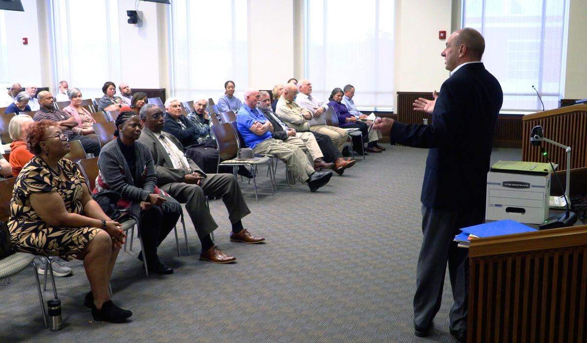 Dave Erickson, a builder and representative for Wizer Home Builders, LLC , presents the company’s development proposal for 5201 Macon Rd. in Columbus, Georgia to members of the Planning Advisory Commission on Nov. 20, 2024.