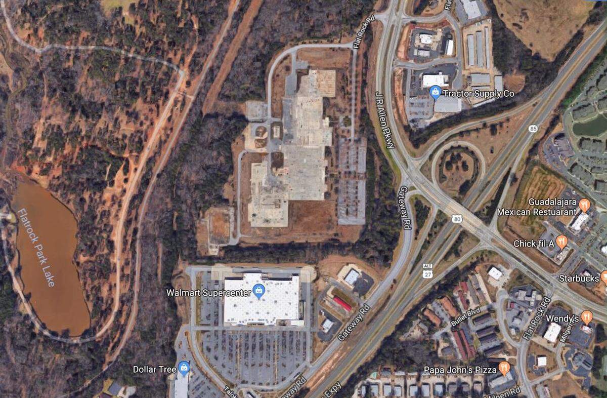 This is an overhead image of the proposed Midland Commons mixed-use development in northeast Columbus and its proximity to the existing Walmart Supercenter on Gateway Road, to other commercial areas off J.R. Allen Parkway, and to Flat Rock Park.