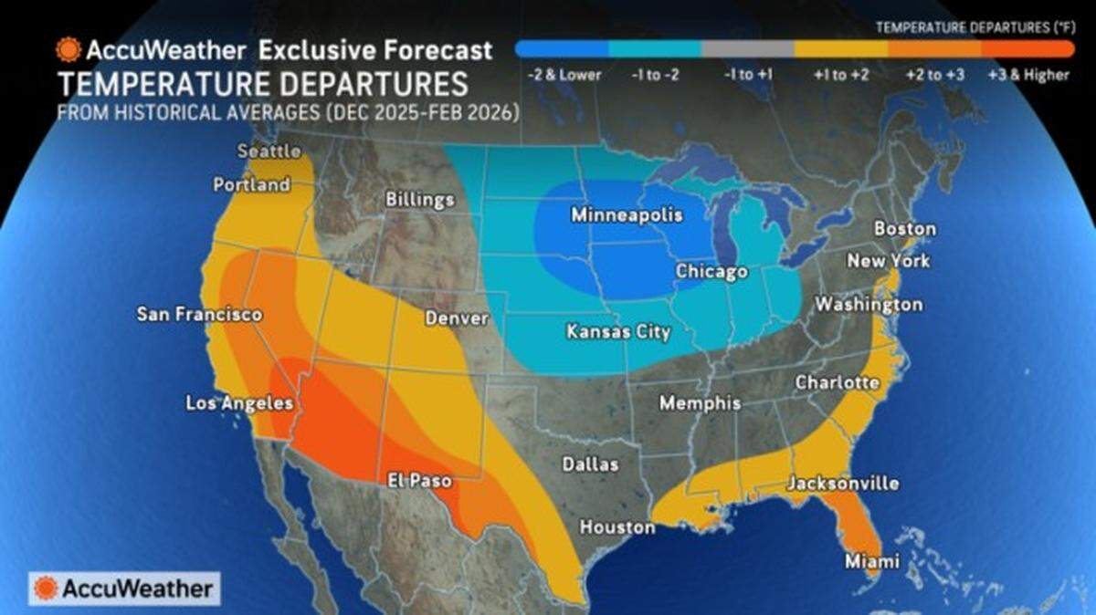 Temperature departures from historical averages (from Dec 2025 - Feb 2026)