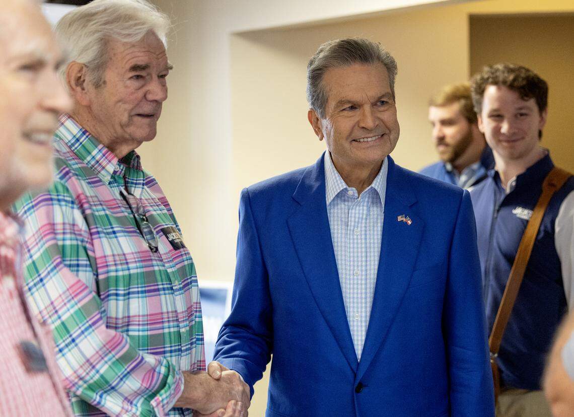 Rick Jackson, center, a Republican candidate for governor in Georgia, made a campaign stop April 28, 2026, at Flightways at the Columbus Airport in Columbus.