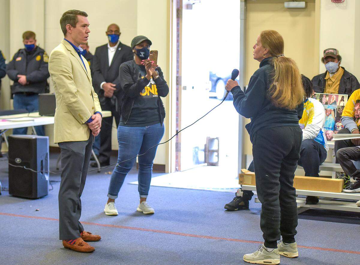 Marica Denson questions District Attorney Mark Jones at the March against Gun Violence event at Cannan Baptist Church, Saturday, February 6, 2021
