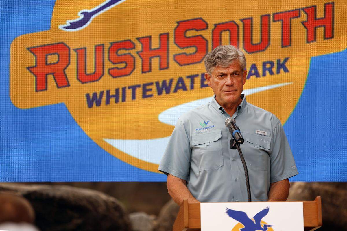 Dan Gilbert, Whitewater Express president, speaks at a July 30, 2025 press conference in Columbus, Georgia where officials made several announcements, including that Columbus, Georgia has been selected by the International Canoe Federation (ICF) to host both the 2028 ICF Canoe Freestyle World Cup and the 2029 ICF Canoe Freestyle World Championship events. 07/30/2025