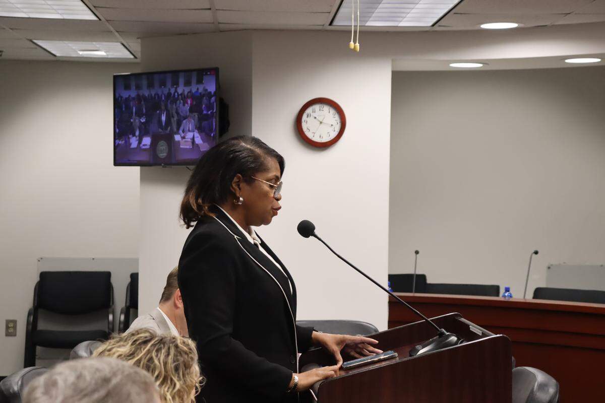 Democratic candidate for District 5 on the Georgia Public Service Commission, Angelia Pressley, gives a public comment May 5, 2026, in opposition to current operation and structure of FCR-27.