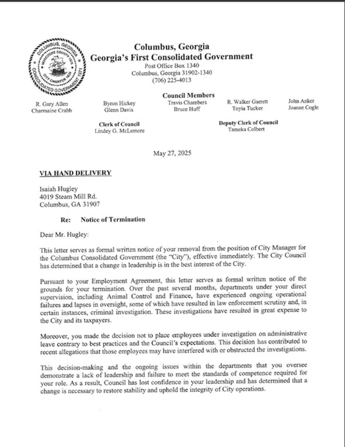 Page 1 of the formal written notice sent to former city manager Isaiah Hugley after seven Columbus Councilors voted to terminate him in a May 27, 2025 council meeting.