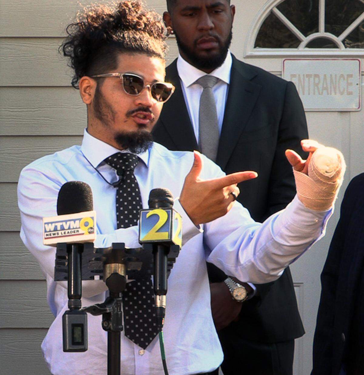 Jermaine Hernandez, at podium, answers questions during a Feb. 22, 2024, news conference in Columbus.