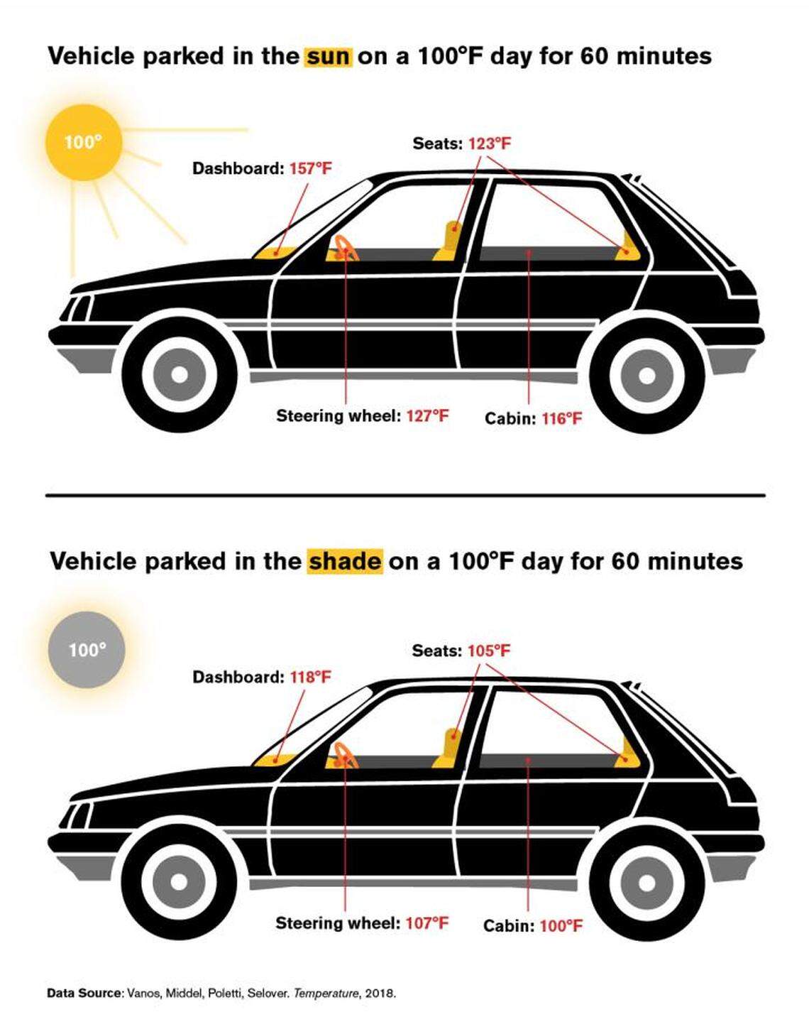 Temperatures can reach scalding levels inside hot cars.