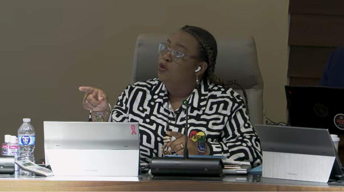 Columbus Councilor Toyia Tucker of District 4 speaks during an April 14, 2026, Columbus Council meeting as the Columbus Botanical Garden requests a refund for a property tax payment made after the nonprofit failed to file an exemption on donated land.