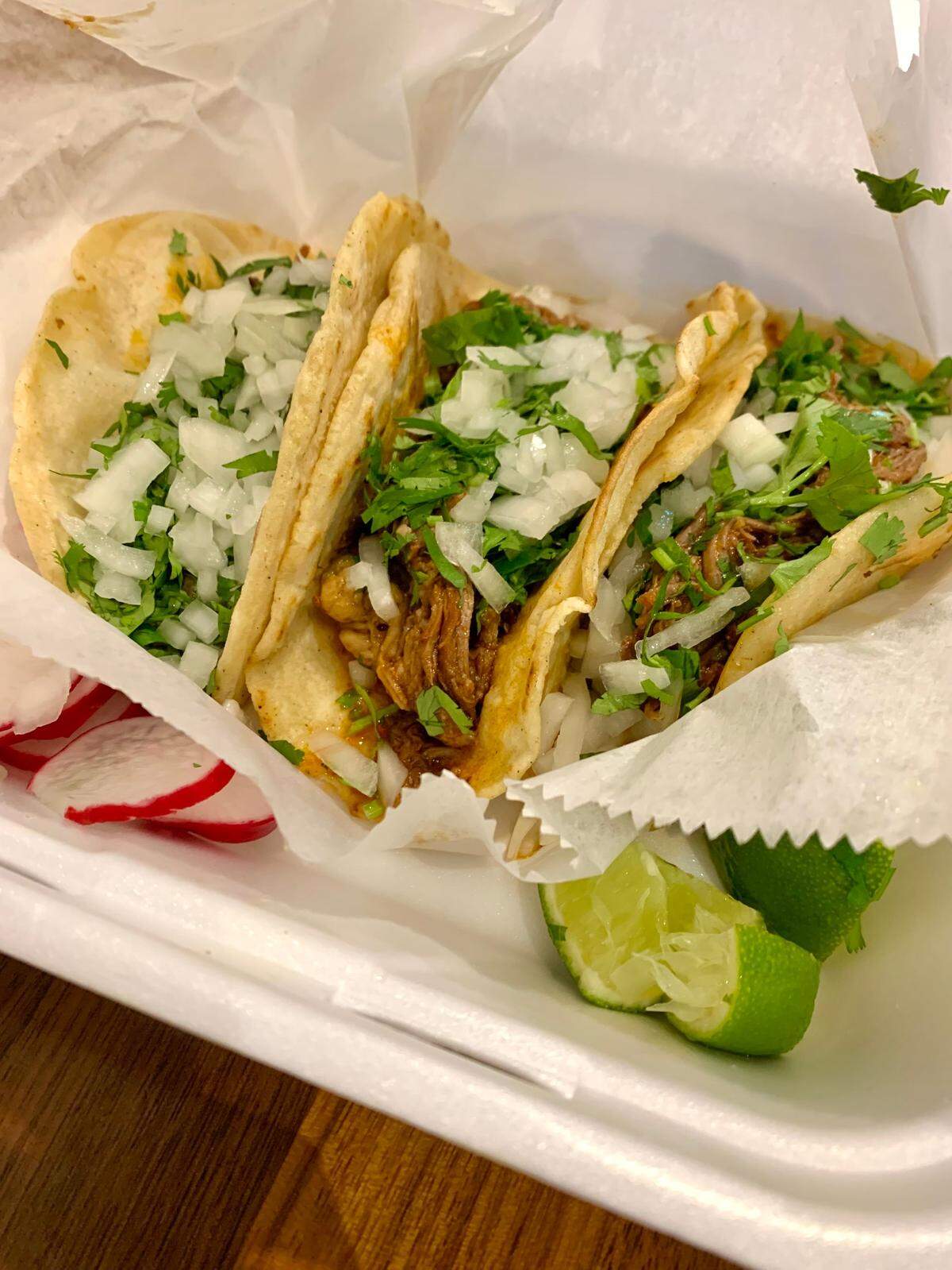 A picture of three tacos from El Primo Taqueria located in Banks Food Hall in Columbus, Ga.