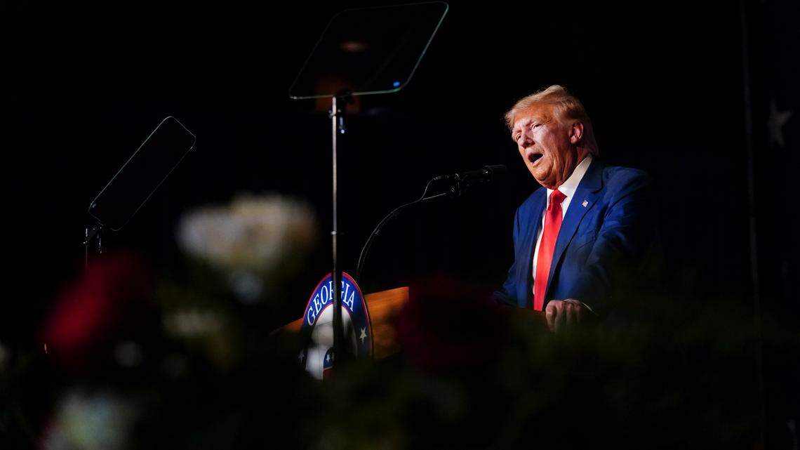 Former President Donald Trump speaks at the Georgia Republican convention, Saturday, June 10, 2023, in Columbus, Ga. (AP Photo/John Bazemore)