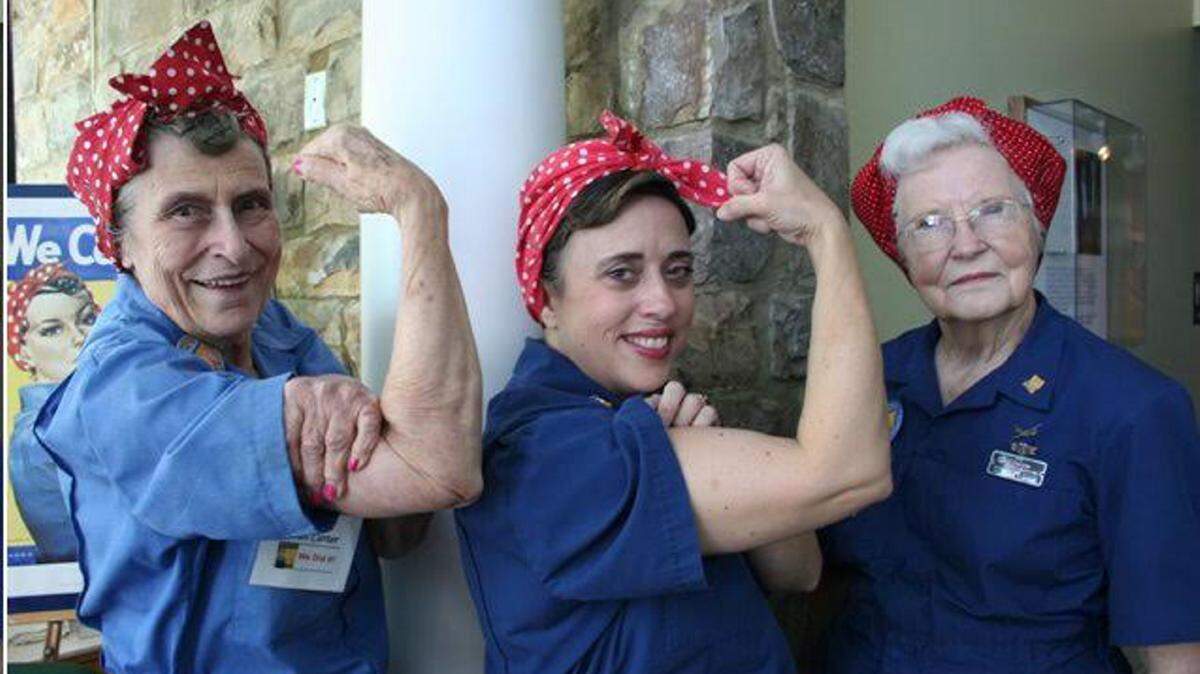 Submitted PhotoFrom left: Fran Carter, founder of the American Rosie the Riveter Association in 1998, Rosebud Carol Cain, who will perform at Benning Club, and Elizabeth "Liz" Minton, the "resident Rosie" at the Little White House, are shown at a living history program. The Little White House is the honorary headquarters of the American Rosie the Riveter Association.