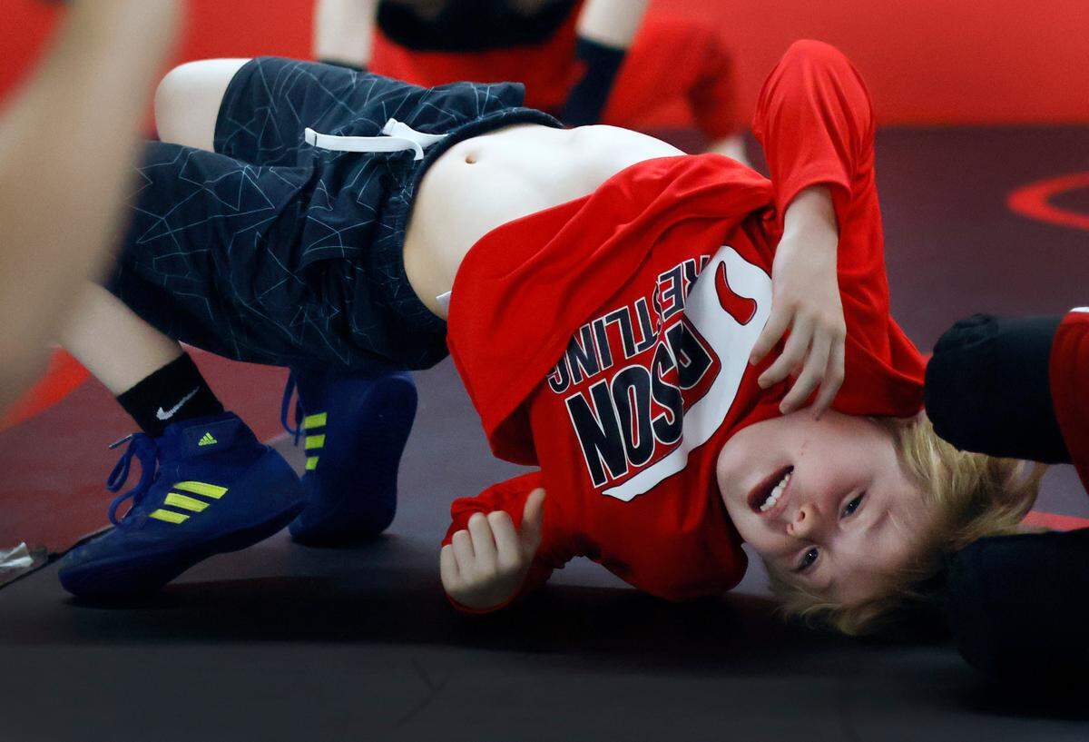 Landon Paris warms up during a recent practice for the Bison Takedown youth wrestling team in Columbus, Georgia 03/21/2024