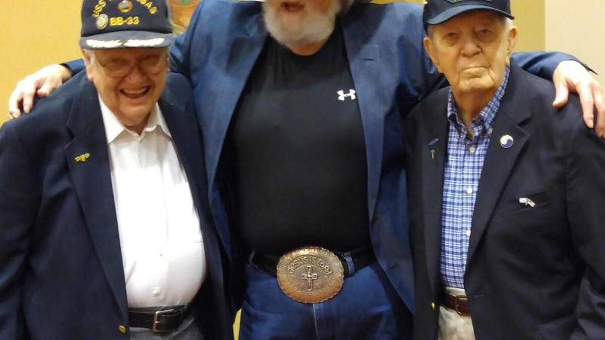 COURTESY OF NONA CHRISTIE/Special to the Ledger-Enquirer 
 World War II veterans Jim Wooters, 93, left, and Charlie Maupin, 96, right, pose with Charlie Daniels before the country music star's military tribute concert Tuesday at the RiverCenter for the Performing Arts in Columbus.