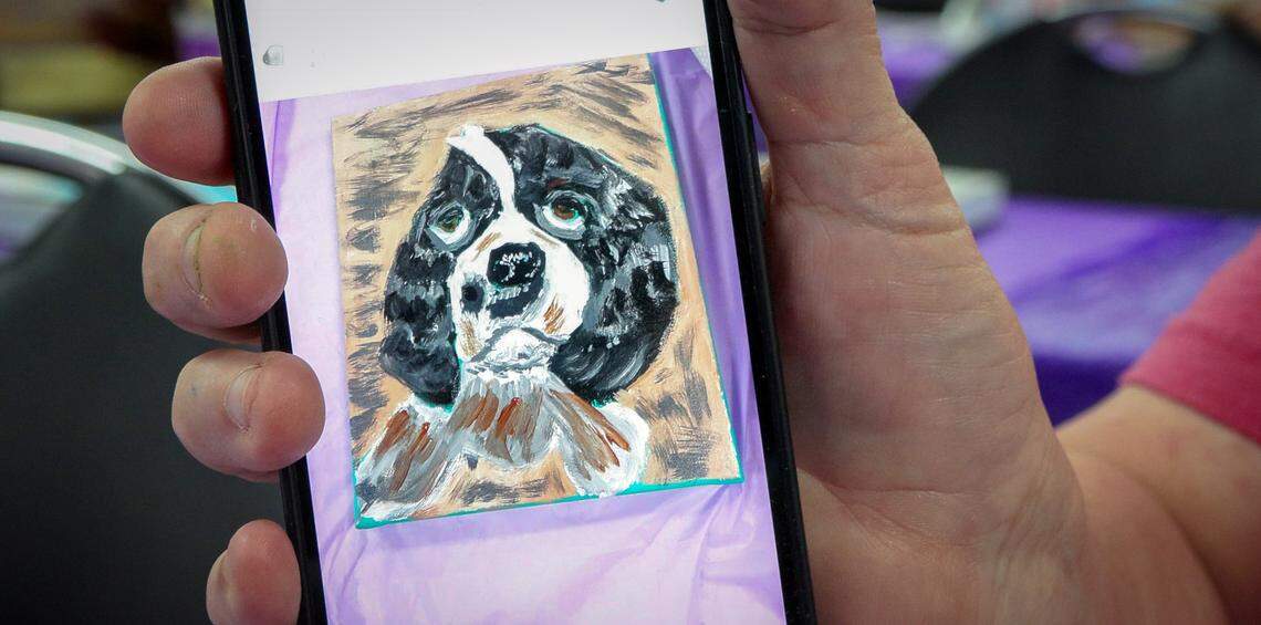 Wendy Crabtree said she has learned to draw and paint subjects important to her. “I drew my dog,” she said, “and Bo Bartlett says, ‘if you love something, you’ll do it. You’ll create it. You know what you love.’ and I did. I drew my dog, and painted my dog, and everything.”