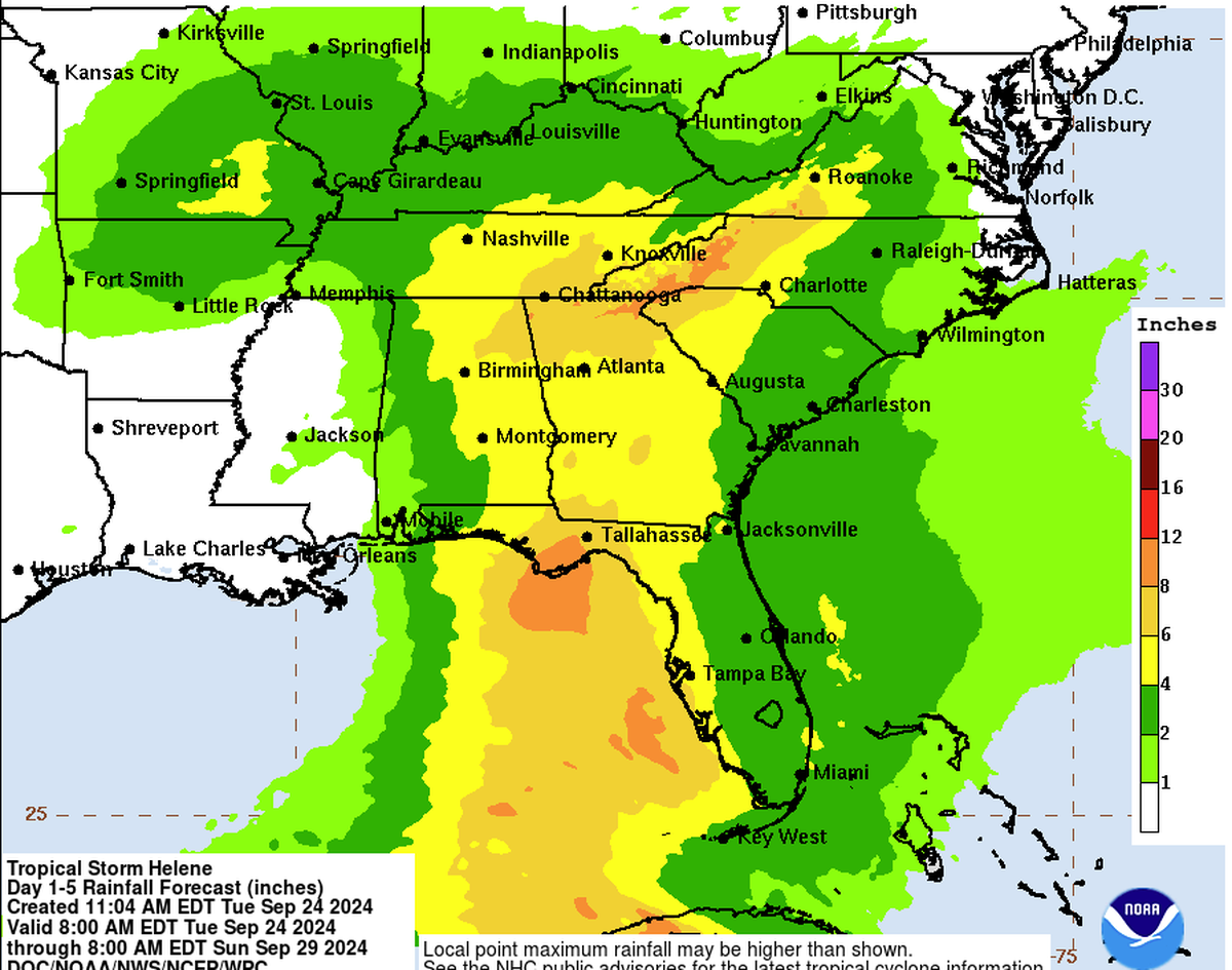 Rainfall forecasts from the weather prediction center expect lots of rain throughout the Southeast, with Georgia being hit hard with heavy rain.