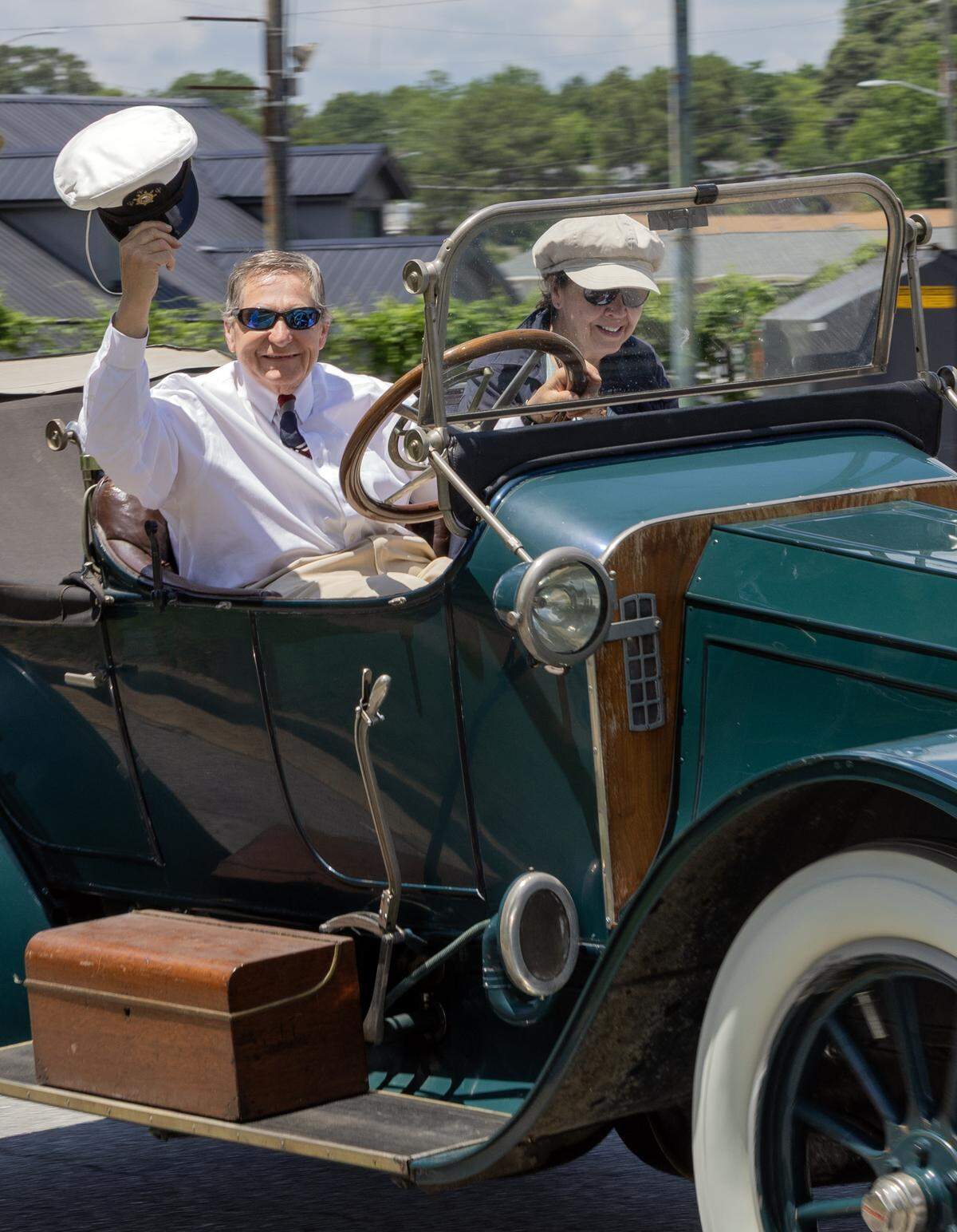 John and Joyce Rendemonti of West Chester, Pennsylvania, are touring in their 1912 Franklin. They stopped Monday in Columbus. Built in Syracuse, New York, by the Franklin Automobile Company, Franklins were famous for advanced, direct air-cooled engines and lightweight construction.