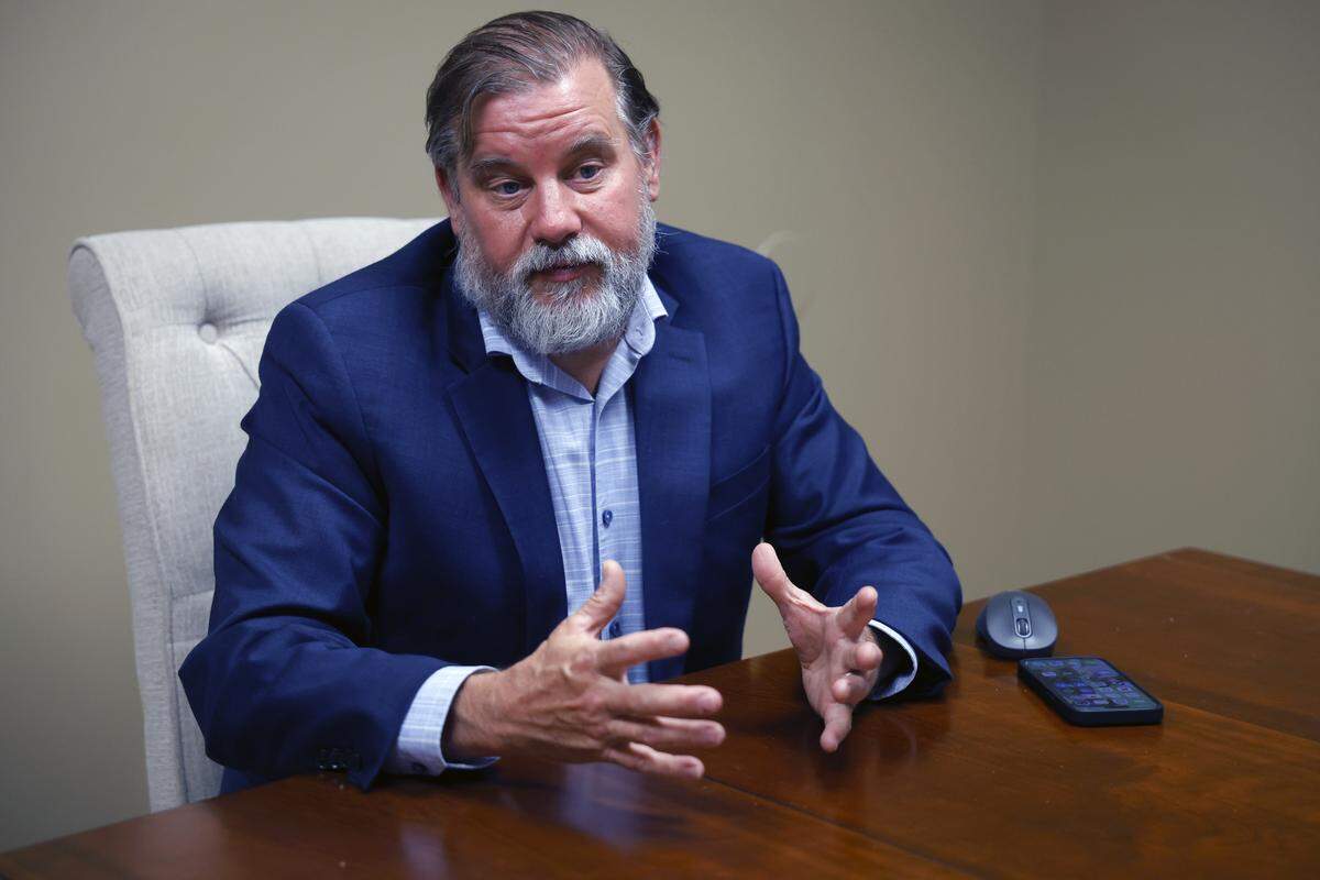 During a March 10, 2026, interview with the Ledger-Enquirer, VentorLux LLC founder Nathan Carr talks in his Columbus office about the company’s flagship device, the Soulis X1, which works to destroy harmful pathogens and other microorganisms by cycling air through the device’s photolysis chamber.