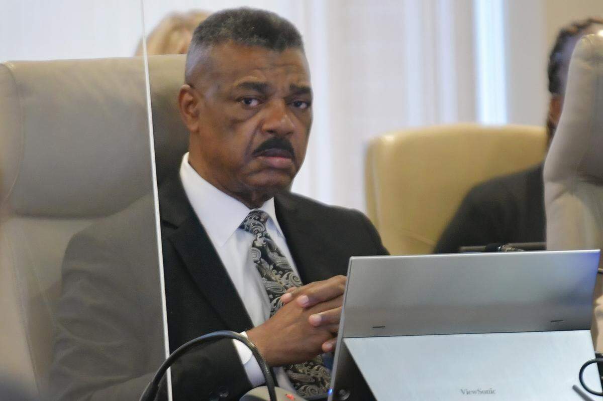 City manager Isaiah Hugley listens during the public agenda at the March 25, 2025, Columbus Council meeting.
