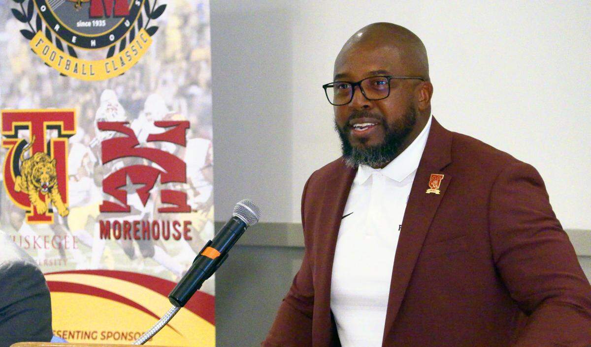 Aaron James, the head football coach at Tuskegee University, speaks Wednesday during the media day for the 85th Tuskegee vs. Morehouse Football Classic in Columbus, Georgia. 10/02/2024