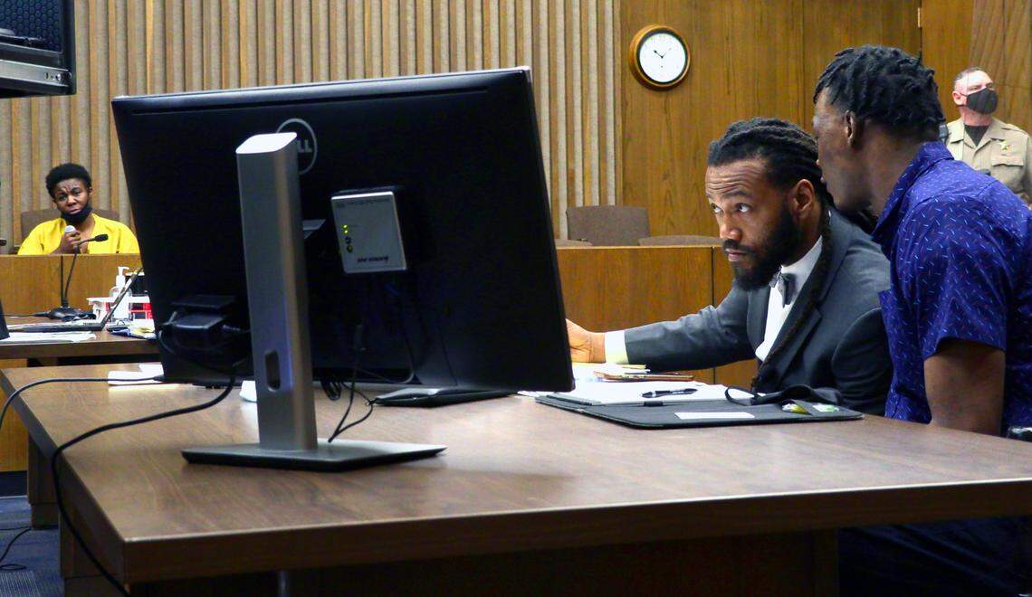 Erica Danielle Streeter, far left, testifies Thursday morning at the trial of Demetrius Johnson in Columbus, Georgia. 12/09/2021