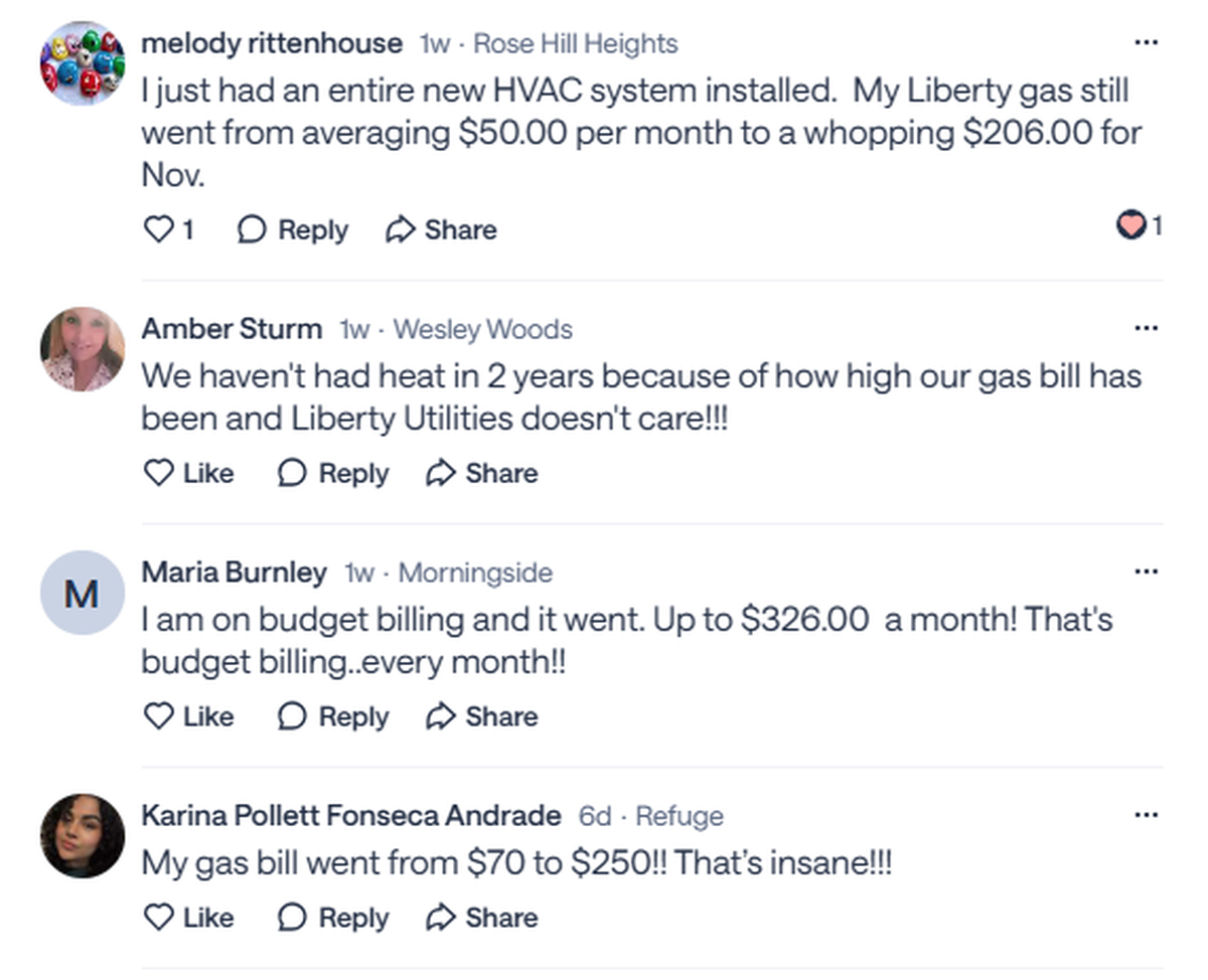 This is a screenshot of Columbus area residents venting about high gas bills in January 2026 on social media app NextDoor.