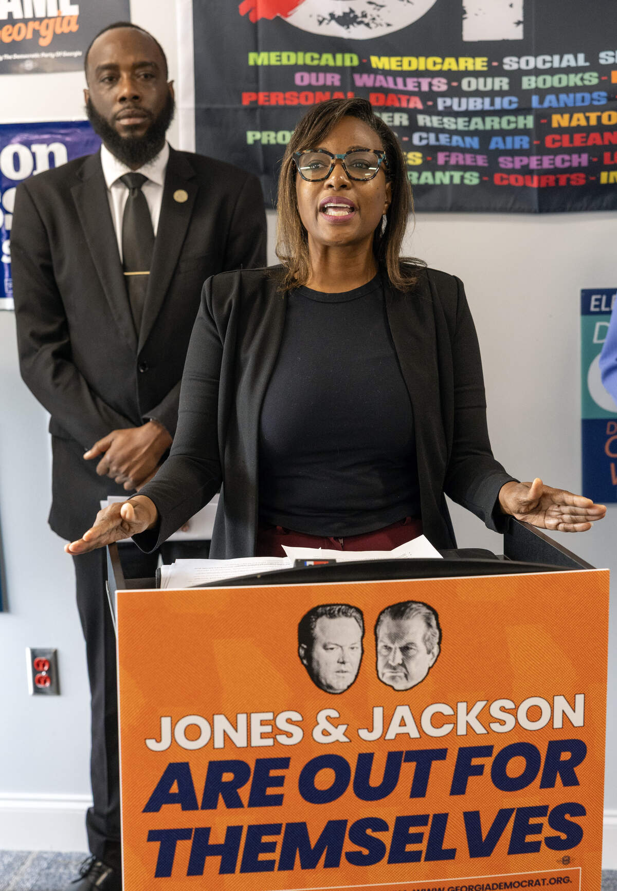 Columbus Councior Simi Barnes of District 1 speaks during a news conference June 8, 2026, in Columbus, starting the Georgia Democrats’ “Out for Themselves Tour,” criticizing the Republican gubernatorial runoff election candidates, Lt. Gov. Burt Jones and healthcare executive Rick Jackson. Behind her, Marquese Averett, a candidate for Georgia House District 140, also spoke at the event.